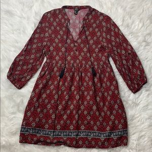 F21 long sleeve red floral & tribal print dress